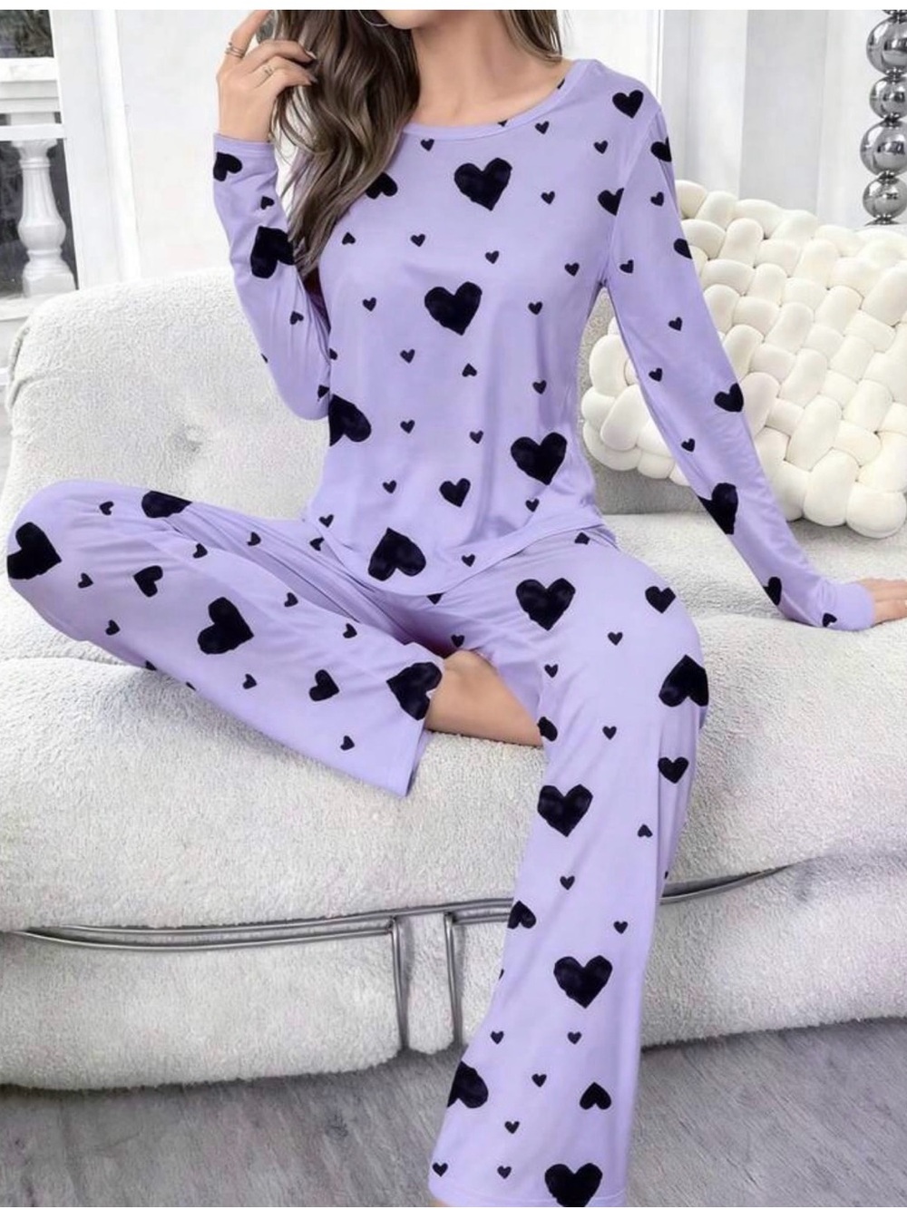 Lavender Heart-Print Long Sleeve Pajama Set - Women